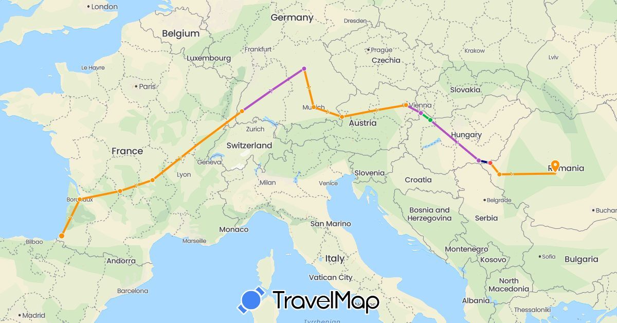 TravelMap itinerary: driving, bus, train, hiking, hitchhiking in Austria, Germany, France, Hungary, Romania (Europe)